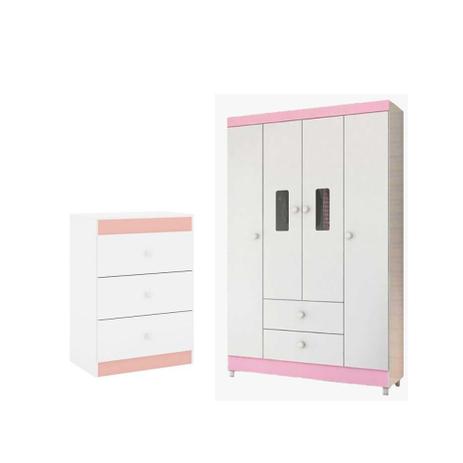 Quarto Infantil com Guarda Roupa Encanto e Cômoda Ternura Branco Rosa - Peternella Menor preço em Quarto Infantil com Guarda Roupa Encanto e Cômoda Ternura Branco Rosa - Peternella