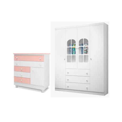 Quarto Infantil com Guarda Roupa Pérola e Cômoda Adhara Branco Rosa - Peternella Menor preço em Quarto Infantil com Guarda Roupa Pérola e Cômoda Adhara Branco Rosa - Peternella