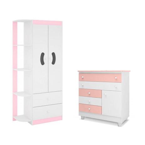 Quarto Infantil com Guarda Roupa Ternura e Cômoda Adhara Branco Rosa - Peternella Menor preço em Quarto Infantil com Guarda Roupa Ternura e Cômoda Adhara Branco Rosa - Peternella