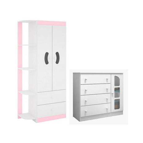 Quarto Infantil com Guarda Roupa Ternura e Cômoda Ametista Branco Rosa - Peternella Menor preço em Quarto Infantil com Guarda Roupa Ternura e Cômoda Ametista Branco Rosa - Peternella