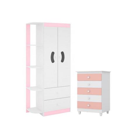 Quarto Infantil com Guarda Roupa Ternura e Cômoda Vitória Branco Rosa - Peternella Menor preço em Quarto Infantil com Guarda Roupa Ternura e Cômoda Vitória Branco Rosa - Peternella