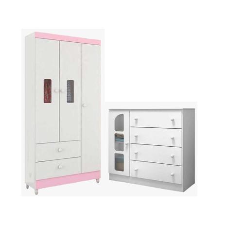 Quarto Infantil com Guarda Roupa Vitória e Cômoda Ametista Branco Rosa - Peternella Menor preço em Quarto Infantil com Guarda Roupa Vitória e Cômoda Ametista Branco Rosa - Peternella