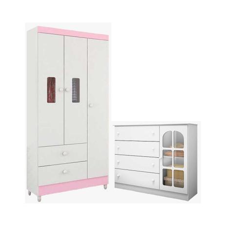 Quarto Infantil com Guarda Roupa Vitória e Cômoda Pérola Branco Rosa - Peternella Menor preço em Quarto Infantil com Guarda Roupa Vitória e Cômoda Pérola Branco Rosa - Peternella