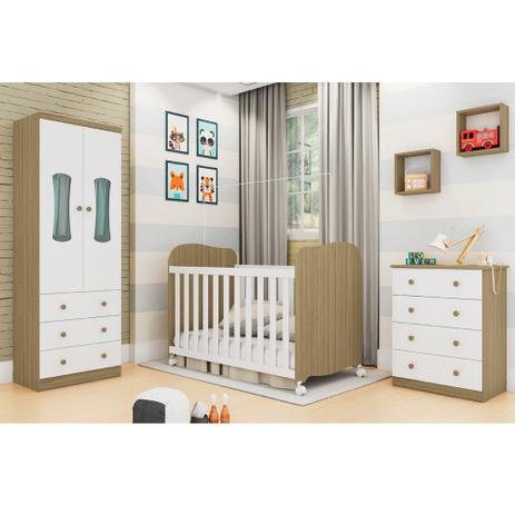Quarto Infantil com Roupeiro 2 portas, Cômoda 4 gavetas e Berço Uli Peroba Branco Brilho/Carvalho - MOVEIS PEROBA Menor preço em Quarto Infantil com Roupeiro 2 portas, Cômoda 4 gavetas e Berço Uli Peroba Branco Brilho/Carvalho - MOVEIS PEROBA