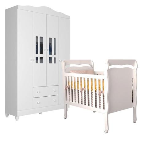 Quarto Infantil com Roupeiro Ariel 4 e Berço Mini Cama Nanda Branco Brilho - Carolina Móveis - Carolina moveis Menor preço em Quarto Infantil com Roupeiro Ariel 4 e Berço Mini Cama Nanda Branco Brilho - Carolina Móveis - Carolina moveis