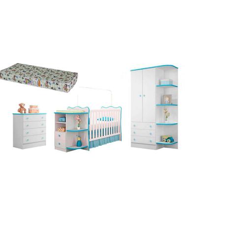 Quarto infantil completo berço colchão cômoda e roupeiro - qmovi branco azul Menor preço em Quarto infantil completo berço colchão cômoda e roupeiro - qmovi branco azul