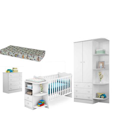 Quarto infantil completo berço colchão cômoda e roupeiro - qmovi branco Menor preço em Quarto infantil completo berço colchão cômoda e roupeiro - qmovi branco