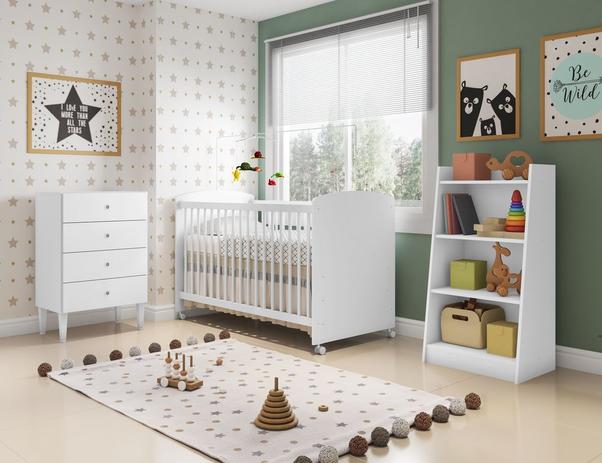 Quarto Infantil Completo Berço com rodízios Cômoda e Estante Branco - Art In Móveis Menor preço em Quarto Infantil Completo Berço com rodízios Cômoda e Estante Branco - Art In Móveis