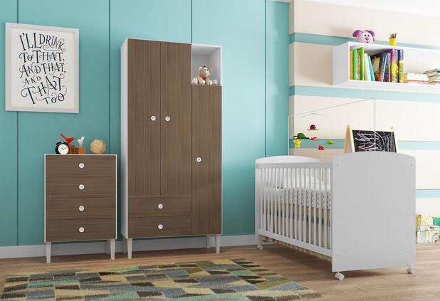 Quarto infantil Completo com Berço Comoda Guarda Roupas e kit rodízios Aconchego Montana - Art in móveis é boa?