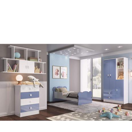 Quarto Infantil Completo Docinho com Guarda Roupa 3 Portas, Cômoda, Mini Cama e Nicho Siena Móveis Branco/Azul Menor preço em Quarto Infantil Completo Docinho com Guarda Roupa 3 Portas, Cômoda, Mini Cama e Nicho Siena Móveis Branco/Azul