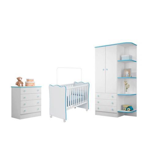 Quarto Infantil Doce Sonho - Berço Simples - Branco/Azul - Qmovi Menor preço em Quarto Infantil Doce Sonho - Berço Simples - Branco/Azul - Qmovi