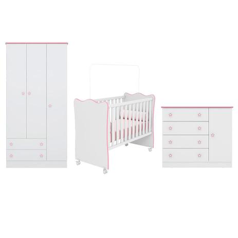Quarto Infantil Doce Sonho Guarda Roupa Berço E Cômoda Sapateira Branco/Rosa - Qmovi é ruim? Quarto Infantil Doce Sonho Guarda Roupa Berço E Cômoda Sapateira Branco/Rosa - Qmovi é boa?