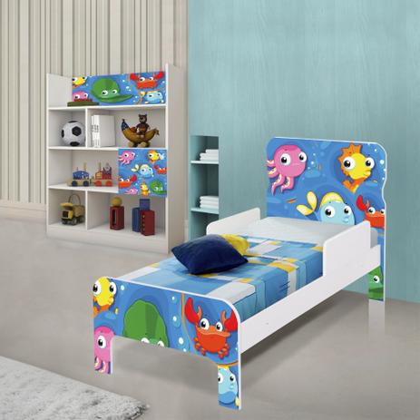 Quarto Infantil Estante Cama Fundo do Mar Peixinhos Colchão - Casah Menor preço em Quarto Infantil Estante Cama Fundo do Mar Peixinhos Colchão - Casah