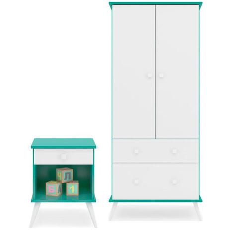 Quarto Infantil Guarda Roupa e Criado Mudo Gabi Branco/Turquesa - Phoenix - Fenix Menor preço em Quarto Infantil Guarda Roupa e Criado Mudo Gabi Branco/Turquesa - Phoenix - Fenix