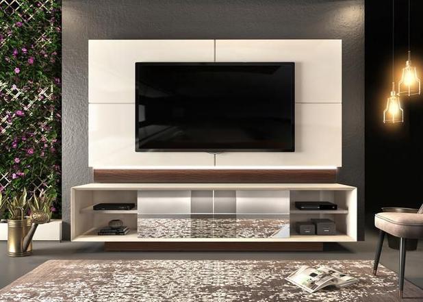 Rack com painel para TV 75 polegadas 4 gavetas DOMANI 100% MDF OFF WHITE/CINAMOMO CASTANHO - Dj Móveis Menor preço em Rack com painel para TV 75 polegadas 4 gavetas DOMANI 100% MDF OFF WHITE/CINAMOMO CASTANHO - Dj Móveis