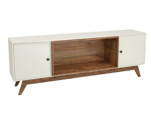 Rack com Prateleira de Vidro e 2 Portas Off White e Nobre - Dalla costa Menor preço em Rack com Prateleira de Vidro e 2 Portas Off White e Nobre - Dalla costa