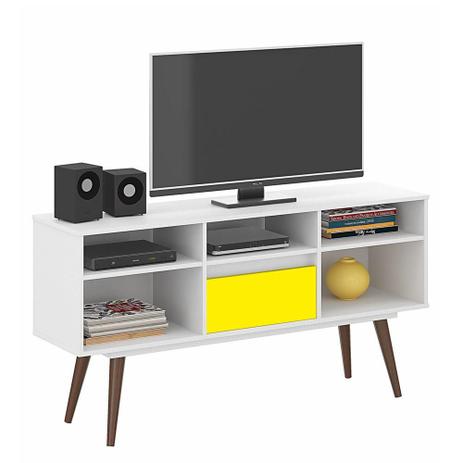 Rack Elite Classic 140 cm Branco e Amarelo - Plata moveis Menor preço em Rack Elite Classic 140 cm Branco e Amarelo - Plata moveis
