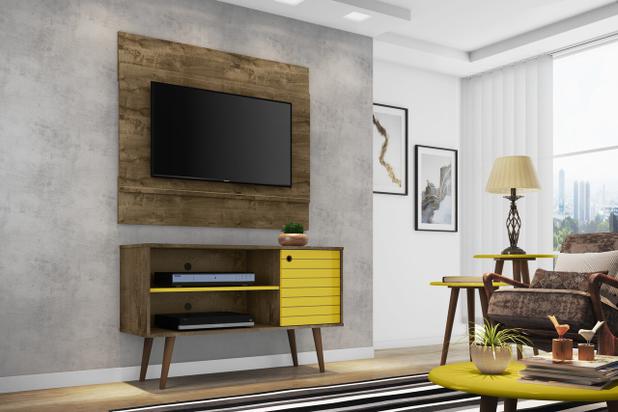 Rack Jade com Painel Bali p/Tv até 42quot Madeira com Amarelo - Moveis bechara Menor preço em Rack Jade com Painel Bali p/Tv até 42quot Madeira com Amarelo - Moveis bechara