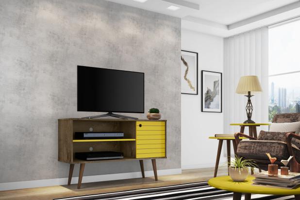 Rack Jade p/ Tv até 42 pol Madeira com Amarelo - Moveis bechara Menor preço em Rack Jade p/ Tv até 42 pol Madeira com Amarelo - Moveis bechara
