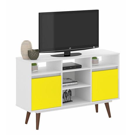 Rack Luna Classic 120 cm Branco e Amarelo - Plata moveis Menor preço em Rack Luna Classic 120 cm Branco e Amarelo - Plata moveis