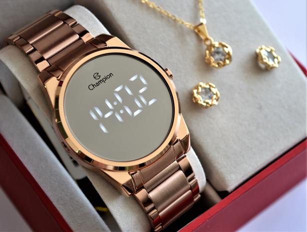 Relogio champion digital rosê redondo espelhado ch40124m + kit semi joia -  Kit Relógio - Magazine Luiza