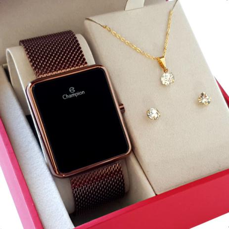 Relogio Digital Feminino Champion Chocolate Quadrado + Kit Colar e Brincos  - Kit Relógio - Magazine Luiza