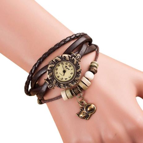 Relógio Feminino Pulso Pulseira Couro Pingente Gato Marrom - Outras marcas Menor preço em Relógio Feminino Pulso Pulseira Couro Pingente Gato Marrom - Outras marcas