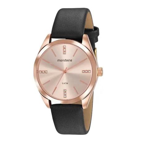 Relógio Feminino Rose Com Pedras Pulseira De Couro Preto - Mondaine Menor preço em Relógio Feminino Rose Com Pedras Pulseira De Couro Preto - Mondaine