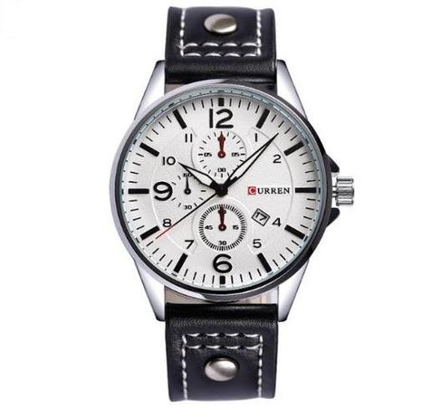 Relógio Masculino Casual Pulseira Couro 30m - Branco - Curren Menor preço em Relógio Masculino Casual Pulseira Couro 30m - Branco - Curren