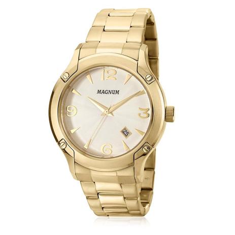 Relógio Magnum Analógico Masculino Dourado Pulseira de Couro Marrom  MA32952P