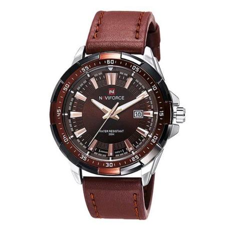 Relógio Masculino Naviforce Quartzo Pulseira de Couro Genuíno Marrom Caixa Prata Moda Esporte Militar (BTO) Menor preço em Relógio Masculino Naviforce Quartzo Pulseira de Couro Genuíno Marrom Caixa Prata Moda Esporte Militar (BTO)