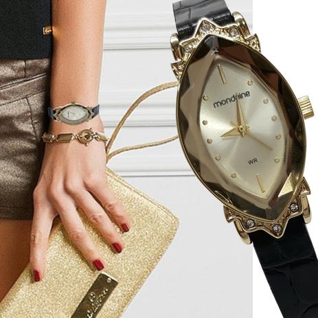 Relógio Mondaine Feminino Vintage Dourado Couro Preto Menor preço em Relógio Mondaine Feminino Vintage Dourado Couro Preto
