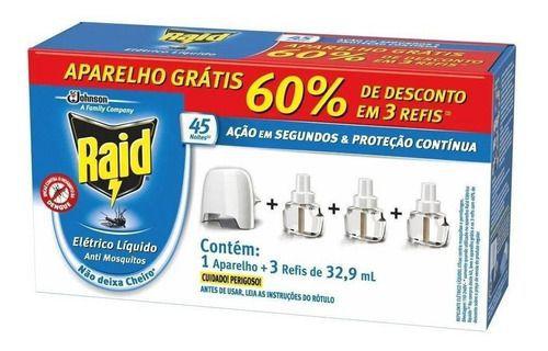 Repelente Raid Elétrico Líquido 1 Aparelho + 3 Refis 32,9ml Menor preço em Repelente Raid Elétrico Líquido 1 Aparelho + 3 Refis 32,9ml