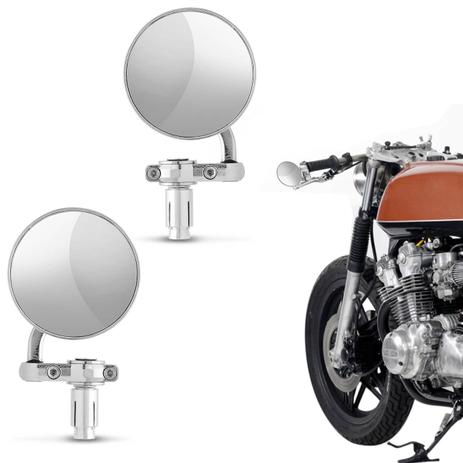 Retrovisor Moto Redondo Ponta De Guidão Custom Cafe Racer Universal Cromado Com Espelho Par Menor preço em Retrovisor Moto Redondo Ponta De Guidão Custom Cafe Racer Universal Cromado Com Espelho Par