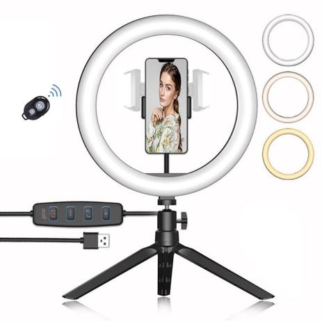 Ring Light Iluminador com Tripé de Mesa, Suporte de Celular e Controle Bluetooth - 26cm - LGCM Menor preço em Ring Light Iluminador com Tripé de Mesa, Suporte de Celular e Controle Bluetooth - 26cm - LGCM