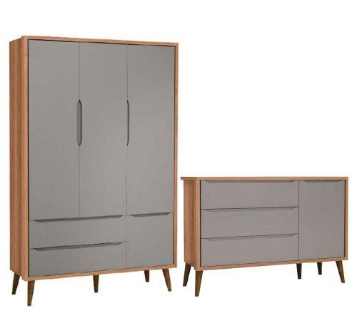 Roupeiro 3 portas e cômoda sapateira Théo Cinza/mezzo - Reller Menor preço em Roupeiro 3 portas e cômoda sapateira Théo Cinza/mezzo - Reller
