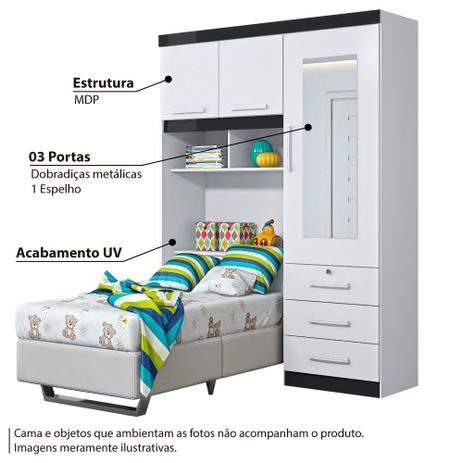 Roupeiro para cama box solteiro duster 3 portas com baú - branco/preto - Albatroz Menor preço em Roupeiro para cama box solteiro duster 3 portas com baú - branco/preto - Albatroz