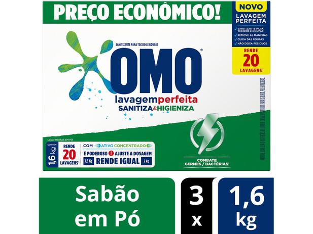 Sabão em Pó Omo Lavagem Perfeita - Sanitiza e Higieniza Concentrado 1,6kg 3 Unidades