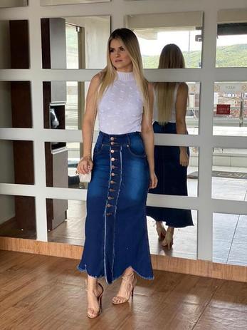 saia jeans com botoes frontais