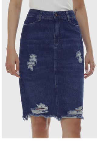 Saia Jeans Reta Midi Sob Azul Médio Barra Desfiada Menor preço em Saia Jeans Reta Midi Sob Azul Médio Barra Desfiada