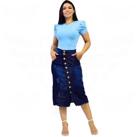 saia midi jeans de botão