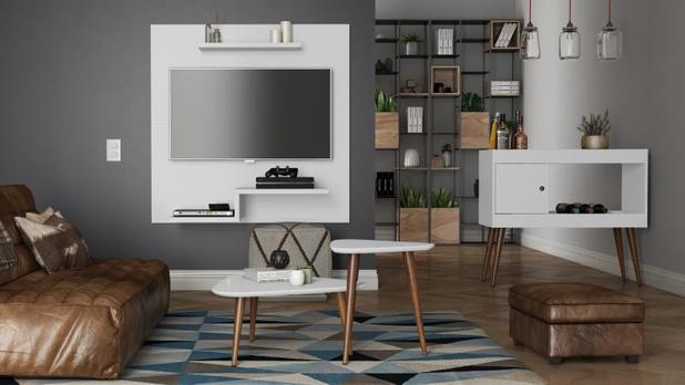 Sala completa com painel para tv + aparador bar + mesa de apoio e centro branco - Rpm móveis Menor preço em Sala completa com painel para tv + aparador bar + mesa de apoio e centro branco - Rpm móveis