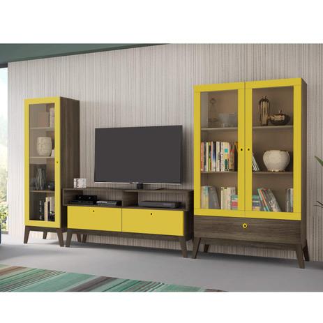 Sala de Estar Completa com Rack, Cristaleira 1 Porta e Cristaleira 2 Portas Retrô Madri Genialflex Amarelo/Demolição Menor preço em Sala de Estar Completa com Rack, Cristaleira 1 Porta e Cristaleira 2 Portas Retrô Madri Genialflex Amarelo/Demolição