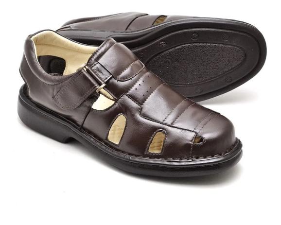 Sandália Masculina Fechada Ortopédica Em Couro Confort Tamanho Especial Café 3601 - Ranster Menor preço em Sandália Masculina Fechada Ortopédica Em Couro Confort Tamanho Especial Café 3601 - Ranster