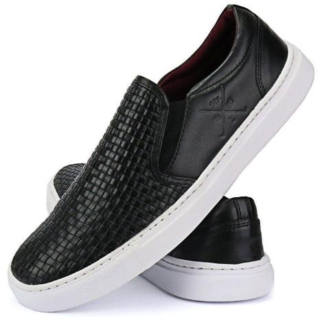 Tênis Sapatênis Preto Slip On Masculino Yate em Couro Legítimo