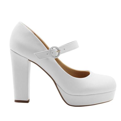 Sapato Feminino Branco Boneca Noiva Salto Alto Grosso - Duani