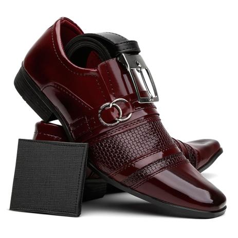Sapato Social Masculino Vinho Verniz Estiloso + Carteira + Cinto - Dallu  Calçados - Kit Masculino - Magazine Luiza