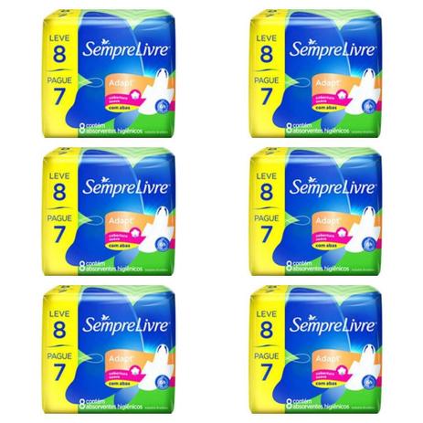 Sempre Livre Adapt Suave Absorventes Higiênicos C/ Abas C/8 (Kit C/06) Menor preço em Sempre Livre Adapt Suave Absorventes Higiênicos C/ Abas C/8 (Kit C/06)