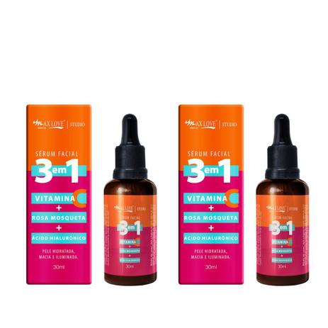 SERUM FACIAL - 3 EM 1 - VITAMINA C + ROSA MOSQUETA + ÁCIDO HIALURÔNICO - Kit 2 Unidades - Max Love Menor preço em SERUM FACIAL - 3 EM 1 - VITAMINA C + ROSA MOSQUETA + ÁCIDO HIALURÔNICO - Kit 2 Unidades - Max Love