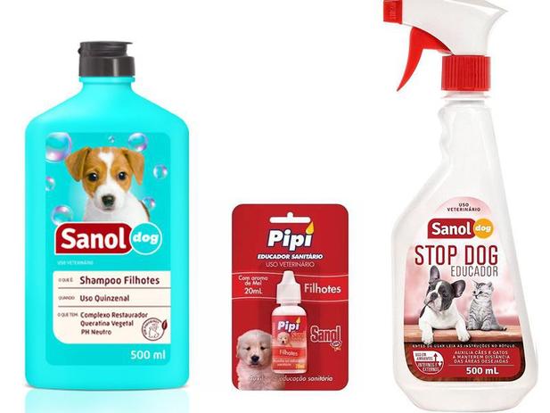 Shampoo Filhote + Atrativo Canino Xixi Sim + Educador Sanitario Stop Dog - Sanol Menor preço em Shampoo Filhote + Atrativo Canino Xixi Sim + Educador Sanitario Stop Dog - Sanol
